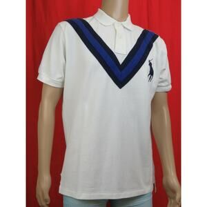 NWT RALPH LAUREN WHITE NAVY BLUE STRIPE LOGO POLO SHORT SLEEVE BUTTONS SHIRT L